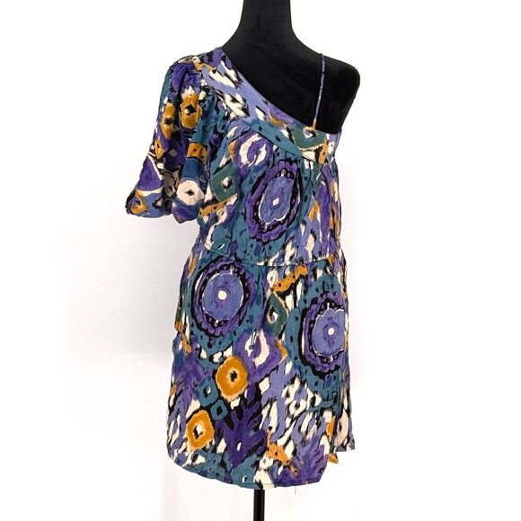 Vtg Angie One Shoulder Dress Womens S Ikat Oversized Boxy‎ Bohemian Colorful Y2K - Picture 6 of 6